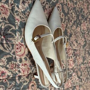 Franco Sarto White Slingback Heels with Gold Buckle